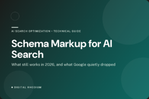 Digital Rhodium article card reading Schema Markup for AI Search, what still works in 2026