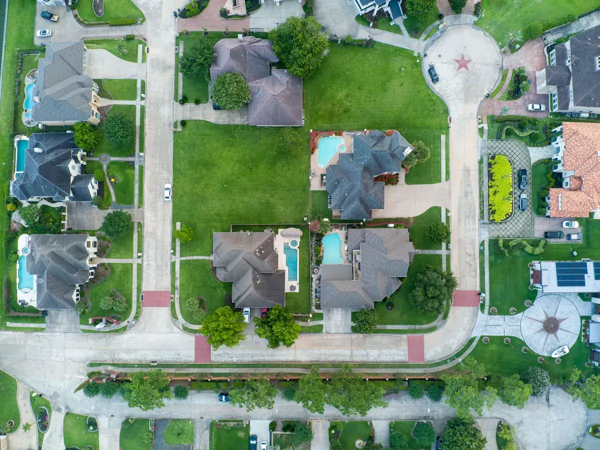 Aerial view of suburban homes in the Houston area