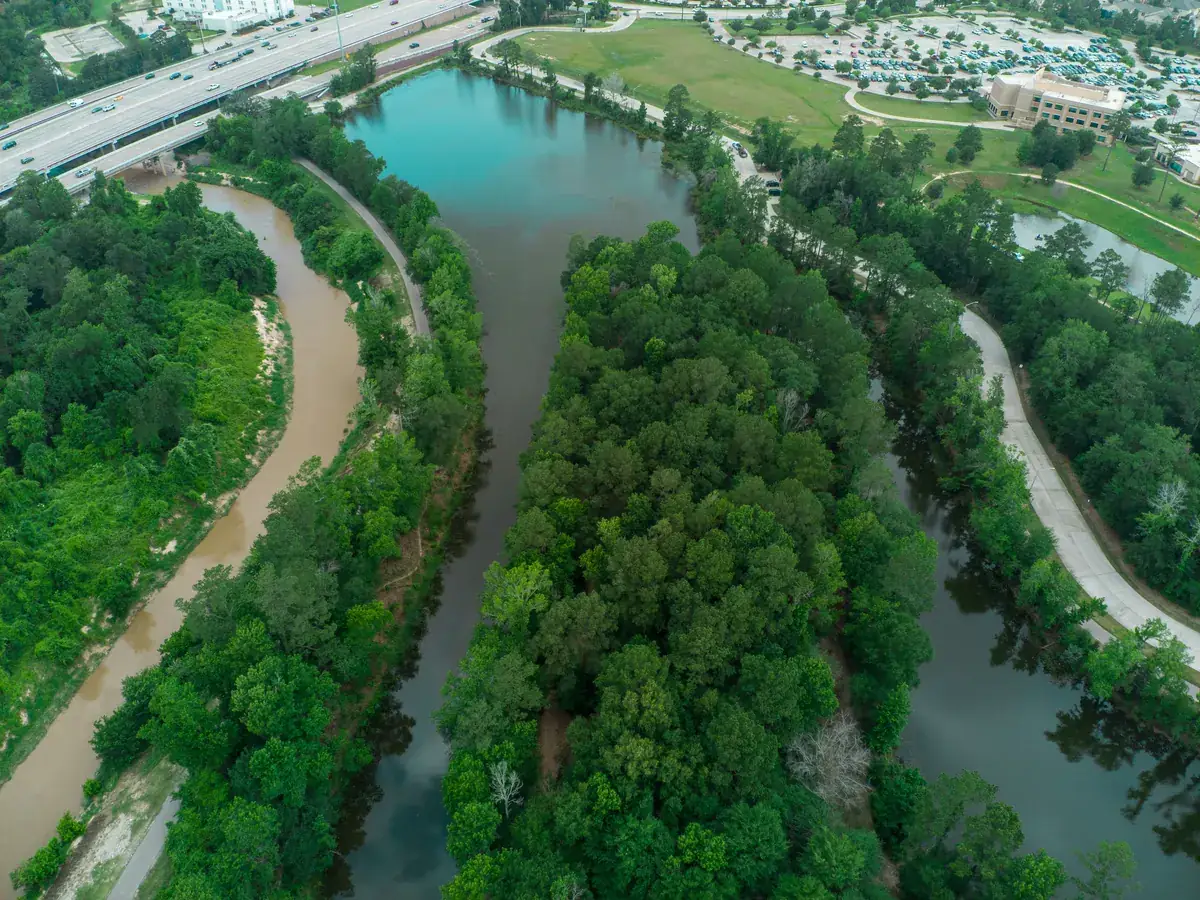 Aerial view of green river corridors in the Houston area
