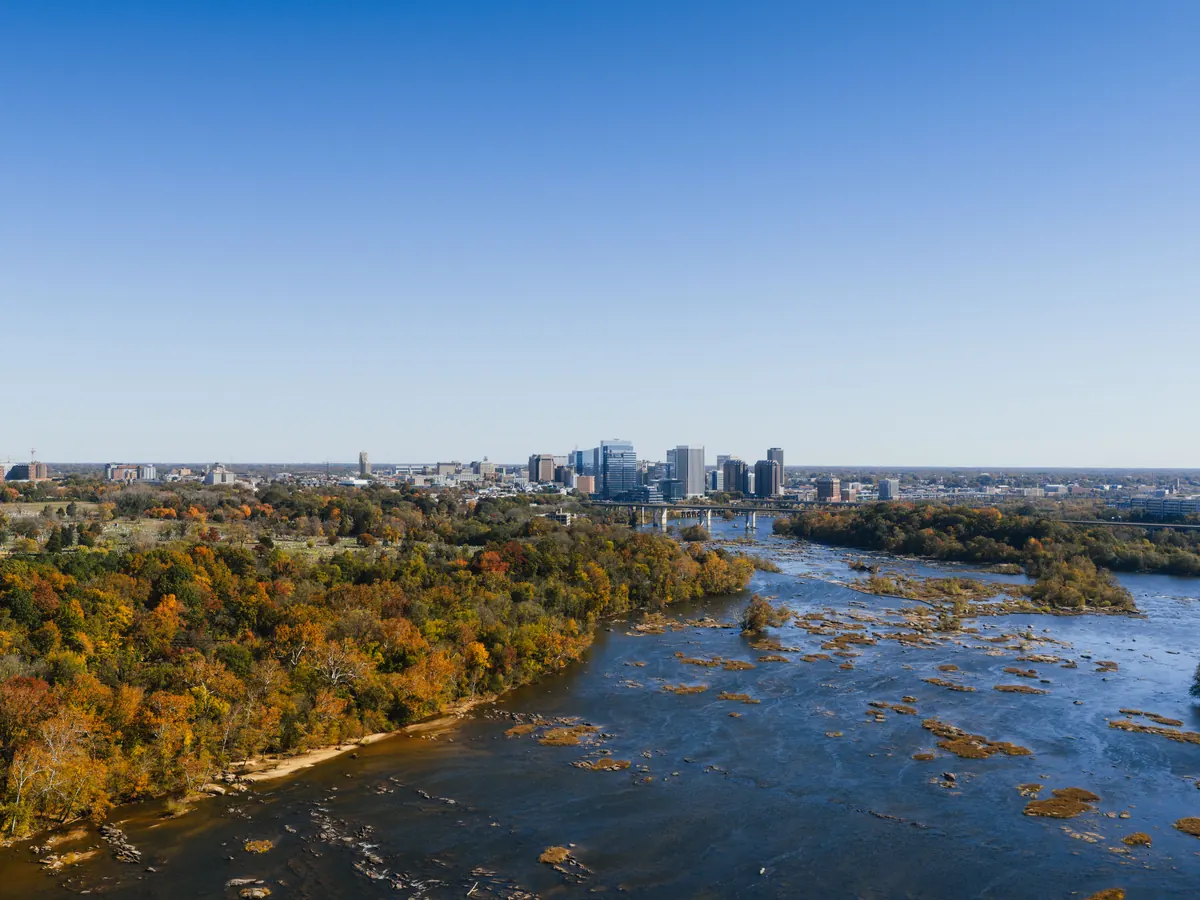 Richmond, Virginia skyline and the James River in autumn